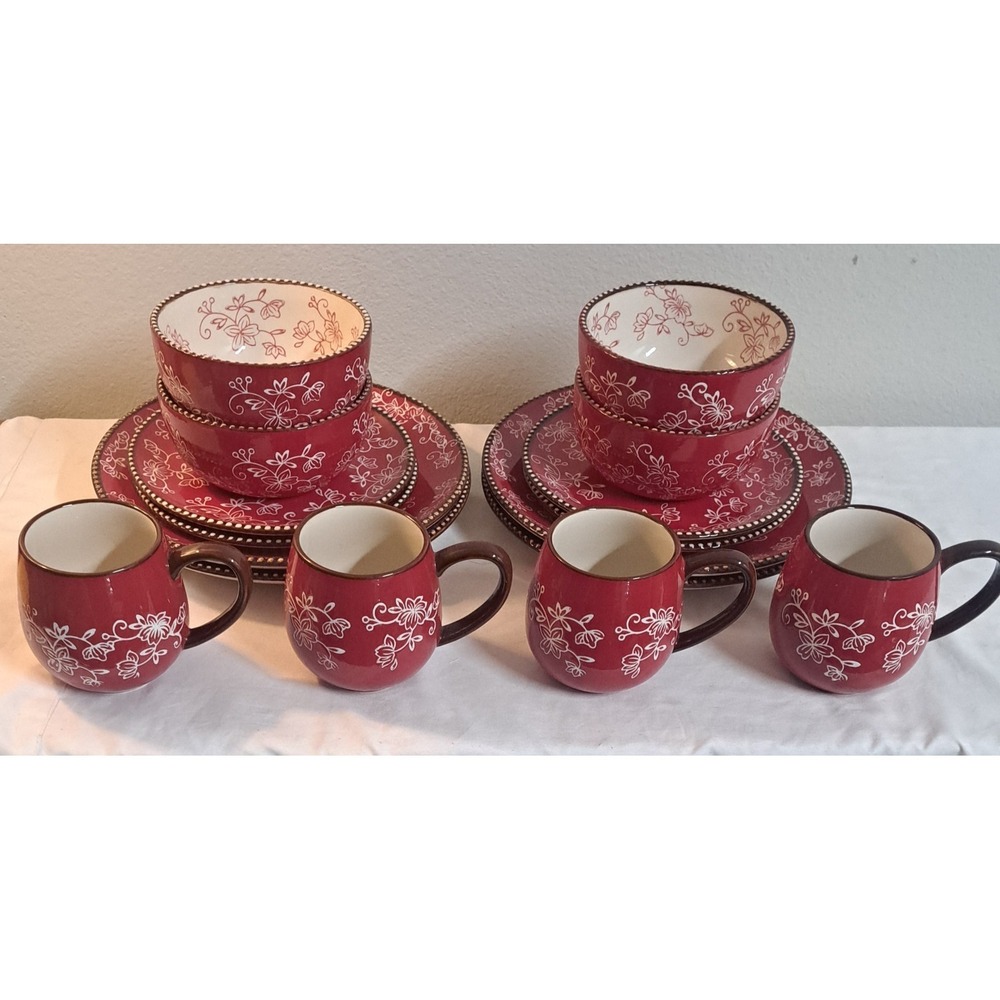Temp-tations by Tara Floral Lace 16-Piece Dinnerware Set Red Dinner Salad Plates